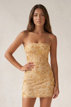 Yellow Strapless Bodycon Beaded Floral Mini Homecoming Dresses | SHEISME