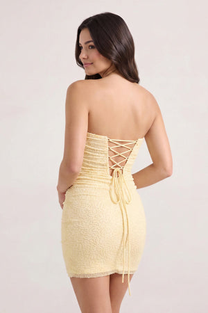 Yellow Strapless Sheath Tulle Ruched Homecoming Dress with Pearl (2) | SHEISME