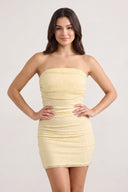 Yellow Strapless Sheath Tulle Ruched Homecoming Dress with Pearl | SHEISME