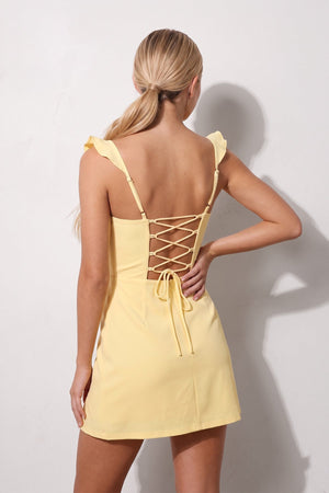Yellow Sweetheart Sheath Ruffled Linen Homecoming Dress With Slit (4) | SHEISME